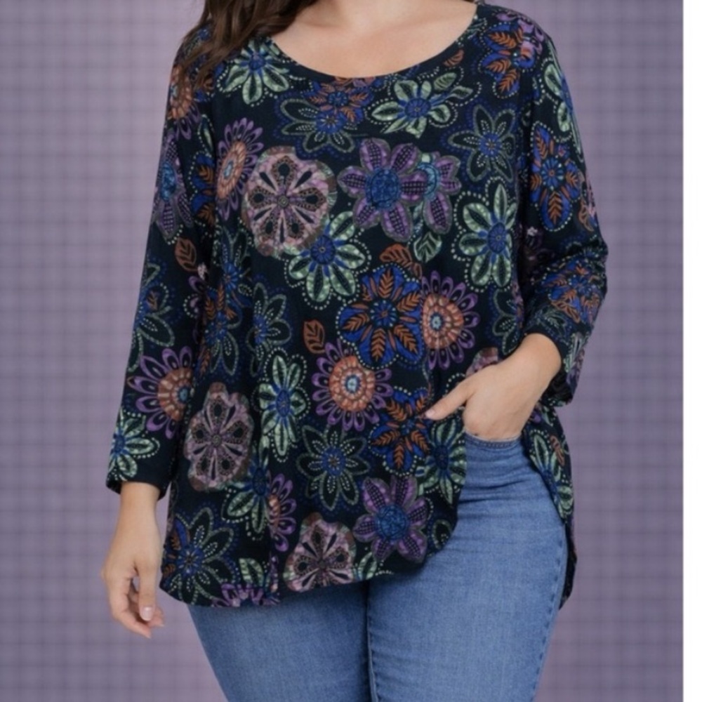 CHOICES boho artisan retro whimsy top size 3X dark floral artsy festival mystic